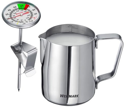Westmark Set 2 Pezzi Caraffe per Latte (220 ml) + Termometro per Latte – Ideale per crema di caffè, latte, miele e altri additivi per caffè e tè, accessori barista – 247722E6