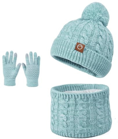 BESTORI 3 en 1 Ensemble Bonnet-Echarpe-Gants pour Enfant Hiver Gants à Écran Tactile Bonnet Enfant avec Pompon Tour de Cou pour 4 à 10 ans Garçons Filles, Vert