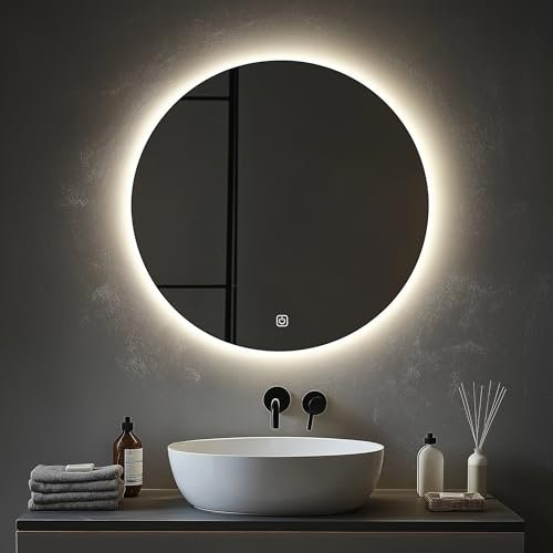 MYGIIVOVO Espejo de Baño Iluminado, 59cm Espejos de Pared LED Redondo, Luz Ajustable con 3 Colores, Interruptor táctil, Retroiluminación