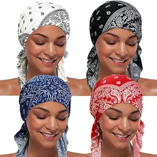 FJTNSQXSZ 4 copricapi per chemioterapia da donna, pre-legati, per cancro, per perdita di capelli, Bianco, Nero, Blu, Rosso