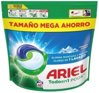 ARIEL PODS Todo en 1 Detergente Lavadora Liquido 60 Capsulas/Pastillas, Jabon Frescor Alpino, 5 Acciones para una Limpieza Brillante en Frio
