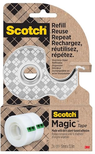 Scotch Stainless Steel Tape Dispenser, Silver + Scotch Magic Tape, 2 Rolls (19 mm x 13.9 m) - Refillable Sticky Tape Dispenser for Home and Office