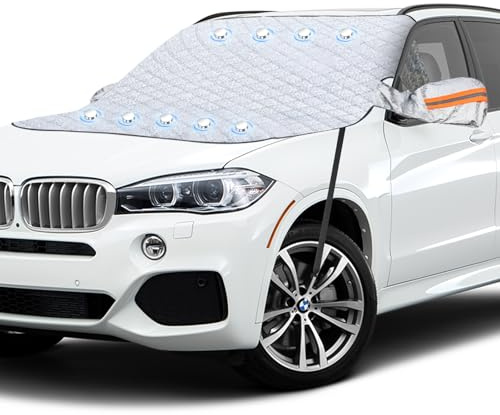 VUTYNKO Housse de pare-brise avant avec 9 aimants cachés, 160 x 116 cm, avec 2 crochets et 2 housses de rétroviseur, couverture de pare-brise de voiture pour voiture, SUV, camion