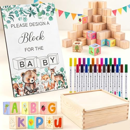 Juego de 98 piezas para baby shower, juego de bloques de madera con 72 cubos de madera y caja de madera, 24 lápices de colores acrílicos y placa de juego, juego creativo para niños y niñas, juego de