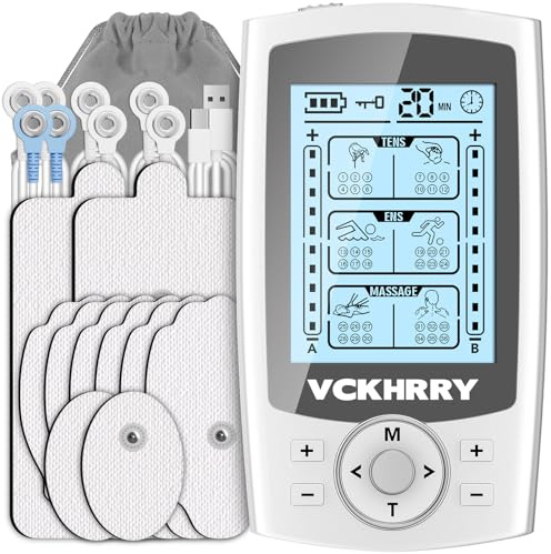 VCKHRRY Electroestimulador Muscular 3 en 1 TENS EMS Masaje Electrodos con 36 Programas 2 Canales 10 Electrodos TENS 20 Niveles de Intensidad para Muscular Relajación