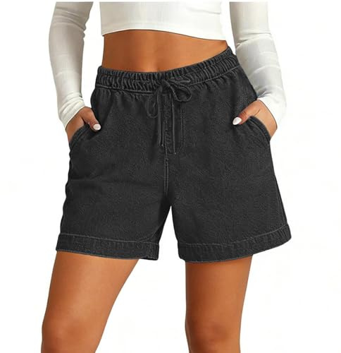 Denim Shorts for Women Drawstring Elastic Waist Wide-Legged Jeans Women Solid Colour Loose Pull On Summer Hot Pants Lightweight Beach Vacation Casual Capri Jeans with Pockets Everyday Short Pants
