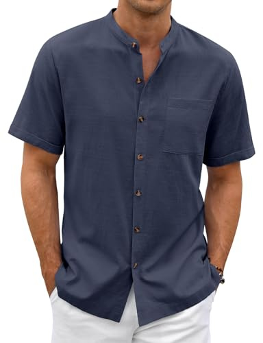 Lonya Camisa Lino Hombre Camisa de Manga Corta Verano Casual Regular Henley Algodón Camisas con Botones Bolsillo de Playa Vacaciones, Azul Marino, M