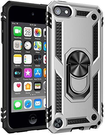 BestST Hülle für iPod Touch 5/6/7, Ultra Stoßfest TPU + PC Schutzhülle Panzer Design Anti Kratzer Drehbarer Ringhalter Benutzt als EIN Im Auto Telefonhalter Stand Handyhülle Case Cover(Silber