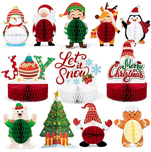 Mocoosy 12 Pack Christmas Party Honeycomb Centerpieces for Table Decorations, Christmas centrepiece Table Toppers With Gnome Santa Snowman Centerpieces for Christmas Party Supplies Holiday Xmas Decor