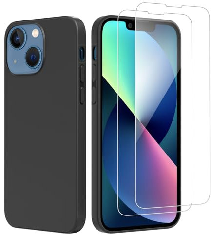 NEW'C Hülle für iPhone 13 (6,1 Zoll) Ultra Thin Silikon Schwarz und 2 × Panzer Schutz Glas für iPhone 13 (6,1 Zoll)- Anti Scratch