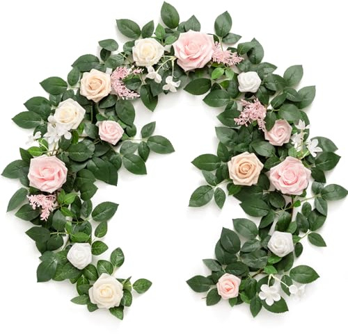 Ling's moment 5FT Blush Artificial Flower Garland Fake Pink Rose Leaves Floral Garland Arch Flowers Vine for Wedding Party Backdrop Decor Mantel Home Table Centerpieces Wall Decorations