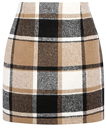 Kinghua Minigonna a tubino a vita alta in lana da donna, autunno/inverno, a quadri, stile a quadri, L