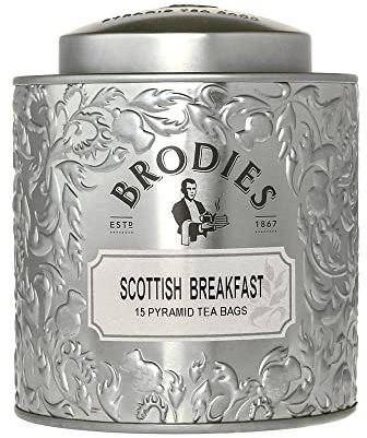 Brodies Scottish Breakfast Pyramid Tea - Gift Tin Caddy Silver Colour (15 Pyramid Tea Bags) - Brodies were the first to create the classic Scottish Breakfast Blend back in 1892