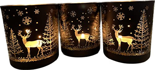 khevga Windlicht Weihnachten Winter aus Glas im Set Schwarz Weiß Gold Silber (Schwarz Gold, 3er Set)