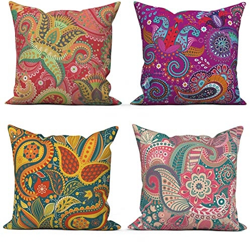 ASDCXZ Kissenbezug Boho 40x40 cm 4er Set, Boho Style Blume Textur Muster Rot Gelb Lila Sofa Dekokissen Kissenbezüge Kissenhülle Waschbar Polyester Flachs Textil Polster Kopfkissenbezug Kissen Bezug
