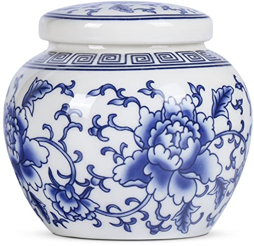 XINGYAN Chinese Traditional Blue and White Porcelain Ceramic Small Ginger Jar with Lid,for Tea Storage,Home Decorative,Home Decor Jar,Bud vase (Model-2)
