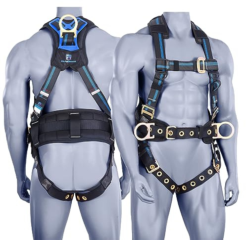 FHFallArrest Fall Protection 5pt Full-Body Safety Harness, Vented & Padded Shoulder, Back & Legs, 8” Thick Back Support, Tongue Buckle, D-Rings, Grommet Leg Straps & Waist Belt (OSHA/ANSI Rated PPE)