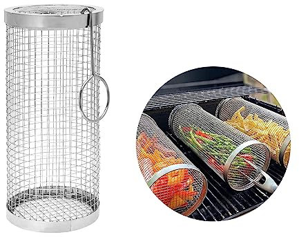 Cesta para Parrilla de Barbacoa de Acero Inoxidable, Cesta De Parrilla Cilíndrica, Utensilios de Cocina para Barbacoa Cestas, Cestas de Barbacoa Giratorias de 360 °, para Asar Verduras, Pescado, Carne