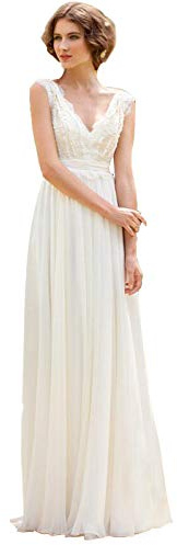 LNNLSS Elegante Playa V Mujer Líder Encaje Chiffon Línea a Vestido de Novia Asuntos Civiles, Blanco, 40