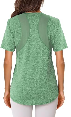 Crewhpo Maglietta Sportiva Donna Maniche Corte Maglia Palestra Traspirante Top Sportivo Fitness Indietro in Rete Top T-Shirt Sport Girocollo per Yoga Tennis Golf Jogging Verde L