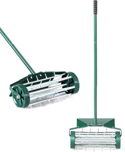 COSTWAY Rasenlüfter Walze, Rasenrolle mit Stiel & 3cm Nägeln & Spritzschutz, Handvertikutierer rollend, Rasenbelüfter manuell, Vertikutierer Rasenwalze für Garten Rasen Hof, 46 x 23 x 127 cm, Grün