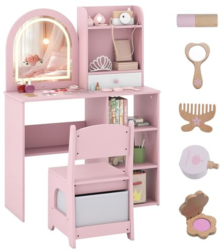 Maxmass Kids Dressing Table and Chair, Children Vanity Table Set with 3-Color LED Lights Mirror, Fabric Drawer, Storage Shelves, Toddler Makeup Desk Stool Princess Dresser for Girls (Pink)