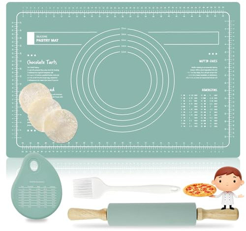AEMCHDM Rodillo Amasar de Superficie Antiadherente con Tapete para Hornear, Raspador+Rodillo para Masa Madera+Alfombrilla de Masa+Pincel, Rodillo Cocina con Manija de Madera, Reutilizable (Green)