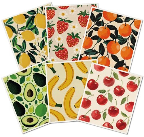 PRESSINART 6 Pièces 6 Styles Chiffons À Vaisselle Fruits Chiffons Suédois Réutilisables Lavables Rectangle Éponge Cellulose Cerise Fraise Citron Banane Avocat Orange Motifs Mélangés pour Cuisine