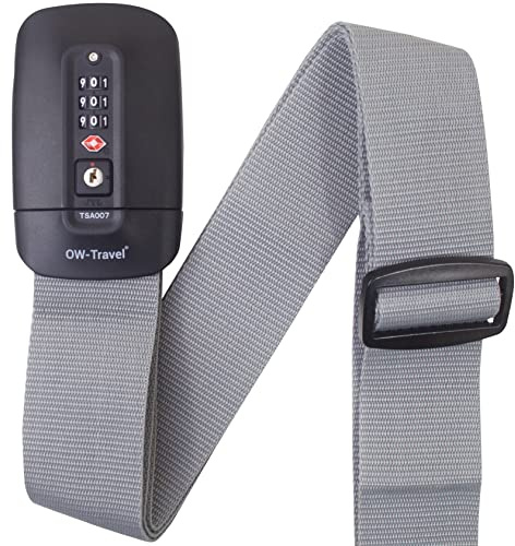 OW-Travel Correa Candado TSA para Maletas, Correa Maleta Ajustable Gris | Cinta Maleta Seguridad TSA con Etiqueta, Cinta para Maletas de Viaje, Correas Equipaje Combinacion Ajustable Luggage Strap