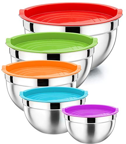 P&P CHEF Mixing Bowls with Airtight Lids Set of 5, 10-Piece Stainless Steel Mixing Nesting Bowl, Metal Bowl with Lid for Kitchen Prepping & Storing, Size 4.6, 3, 1.5, 1, 0.7 QT, Multicolor