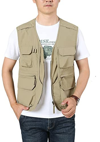 Flygo Men's Utility Cargo Vest Outdoor Fishing Safari Travel Work Photo Vest with Pockets, 01 Khaki, XXL