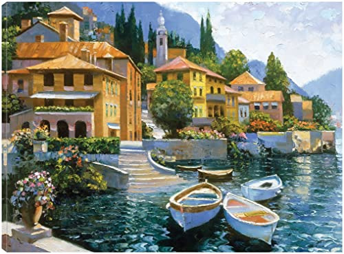 Fine Art Canvas Lake Como Landing Canvas Wall Decor by Artist Behrens International Group, Inc. for Living Room, Bedroom, Bathroom, Kitchen, Office, Bar, Dining & Guest Room - Ready to Hang - 46 in x 35 in