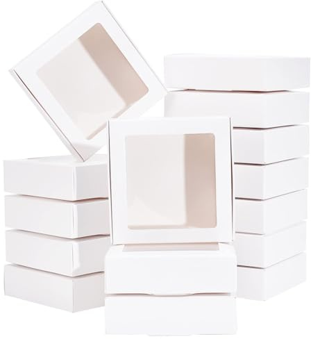 BENECREAT 16uds Caja de embalaje de regalo de PVC transparente con ventana cuadrada,10,5x10,5x3cm,cajas de embalaje de papel Kraft blanco para regalos de fiesta,pequeños regalos o manualidades