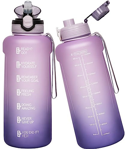 Seekua Sport Tritan Trinkflasche 0.6l / 1l / 2l mit Strohhalm & Zeitmarkierung, Große Wasserflasche mit Uhrzeit BPA-frei Motivierende Sportflasche für Fitness & Gym, 2 Deckel, 2 liter