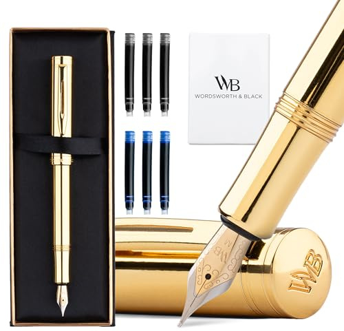 Wordsworth and Black Fountain Pen Mini EDC: Luxury Gold Heavy Pocket Pen, Gold Finish, Medium Nib, 6 Ink Cartridges, Ink Converter, Travel Refillable Writing Pen Gift Set, Men & Women