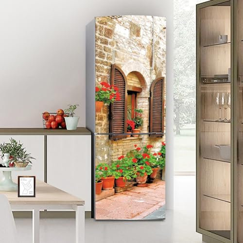 Fridge Wraps Kitchen Fridge Stickers Cover Full Doors, Fridge Sticker Full Covering Door Fridge Covers Skins Wall Stickers for Kitchen Decal, Retro French Flower Alley Street View
