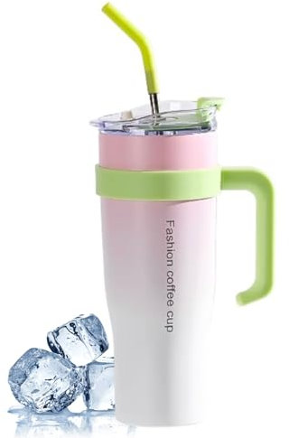 Qixuer Taza Termica con Pajita y Tapa, 1,2 L 40 Onzas Taza de Viaje con Asa y Pajita de Acero Inoxidable de Doble Pared Portátil Taza de Coche Taza de Café Taza de Café para Bebidas Calientes y Frías