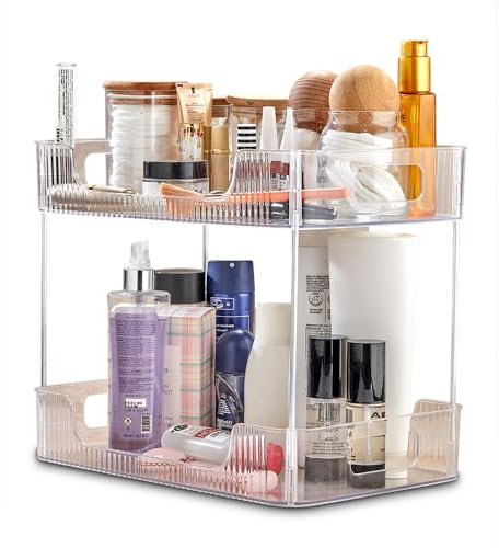 bir-Store Make-Up Organizer, Kosmetik Organizer, 2 Etagen mit Griffen, Schminkaufbewahrung transparent, für mehr Ordnung, Cosmetic Beauty Auffbewahrung Kosmetikaufbewahrung, Organizer für Badezimmer