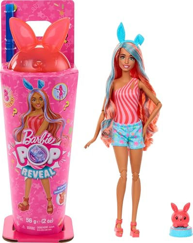 Barbie Pop Reveal-serien, set med docka och tillbehör, milkshakeserien, doftande modedocka i kattungestil med husdjur, åtta överraskningar, inklusive färgförändring, JCN87