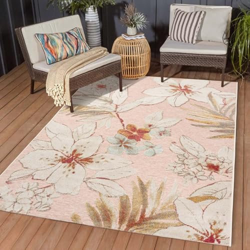 In & Outdoor Teppich Wetterfest Wohnzimmer Balkon Küchenteppich Terrassenteppich Flachgewebe mit Muster Lilien floral Rose rosa 200x290 cm