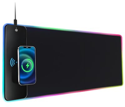 Qumox Tapis de Souris XXL RGB avec Chargeur sans Fil 15W – 10 Modes LED, Surface Lisse, Base Antidérapante, 800×300×4 mm – pour Bureau, PC, Gaming