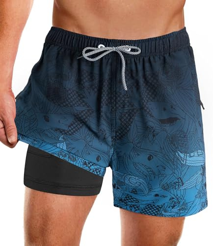APTRO Men's Swimming Shorts with Zip Pockets 2 in 1 Quick Dry Swim Trunks with Compression Liner Floral Gradient Blue MK386 L