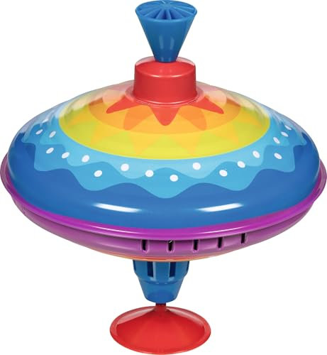 goki 53778 - Brummkreisel Farbentanz aus Blech, Farbenfroher Kreisel bringt Freude und Spaß ins Kinderzimmer, klassischer Schwungkreisel mit Standfuß, 21cm hoch, ab 1 Jahr
