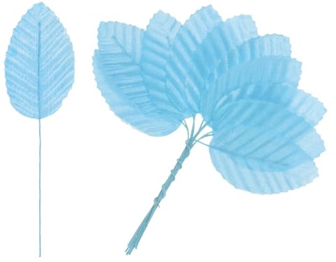M METERXITY 200-Pack Artificial Silk Leaf Faux Wire Single Leaf Light Blue | Fake Flower Leaf, with Stem, for DIY Bouquet, Wreaths, Wedding, Garland, Party Decorations, Fake Rose Craft Leaves