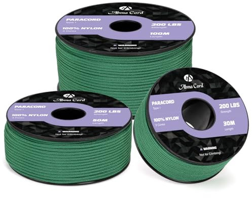 Abma Cord Paracord 2mm 100m Nylonschnur 3 Kern Seil Typ I Schnur für Basteln, Camping, Outdoor - Max. 90kg (200lbs) - Kelly Green