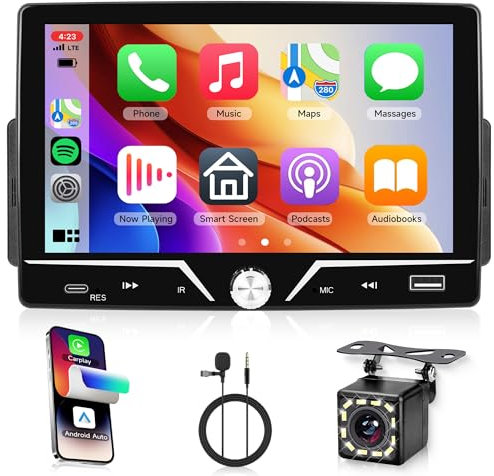 Autoradio 1 Din mit Carplay Android Auto IOS/Android Mirror Link Bluetooth 7 Zoll Touchscreen Autoradio mit Bluetooth Freisprecheinrichtung FM Radio USB/Type C/EQ/MIC Lenkradsteuerung Rückfahrkamera