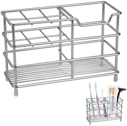 Porte Brosse à Dents, Support de Brosse à Dents Polyvalent en Acier Inoxydable avec 7 Compartiments, Trou de Vidange, Multifonctions Organisateur Salle de Bain et Cuisine