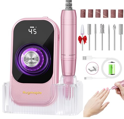 Professional Electric Nail Drill File, HUGMAPLE 45000RPM Portable E-File Machine with Bits & Base, Rechargeable Cordless Nail Drill Kit for Shaping, Removing & Polishing Gel Nails for Salon Home