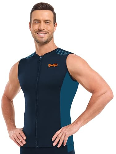 GoldFin Mens Wetsuit Vest, Sleeveless Wet Suits Tops for Men 2mm Front Zip Neoprene Jacket Swimming Diving Surfing Snorkeling Blue XX-Large