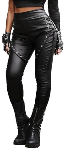 Nihsatin Women’s Gothic High Waist Faux Leather Pants Side Lace-Up Skinny Fit Punk Rock Trousers with Eyelet Detail